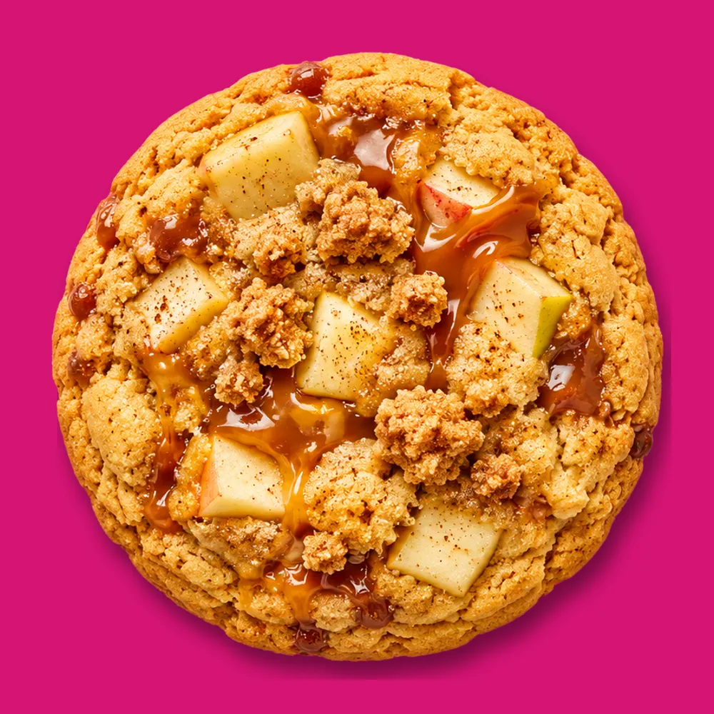Apple pie cookie with chunks of apple, caramel and cinnamon crumble