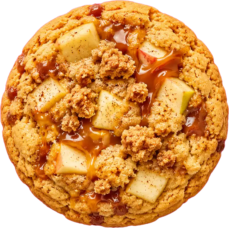 Apple pie cookie with chunks of apple, caramel and cinnamon crumble