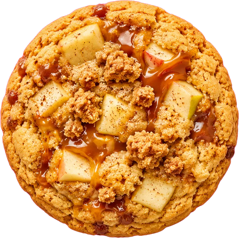 Apple pie cookie with chunks of apple, caramel and cinnamon crumble