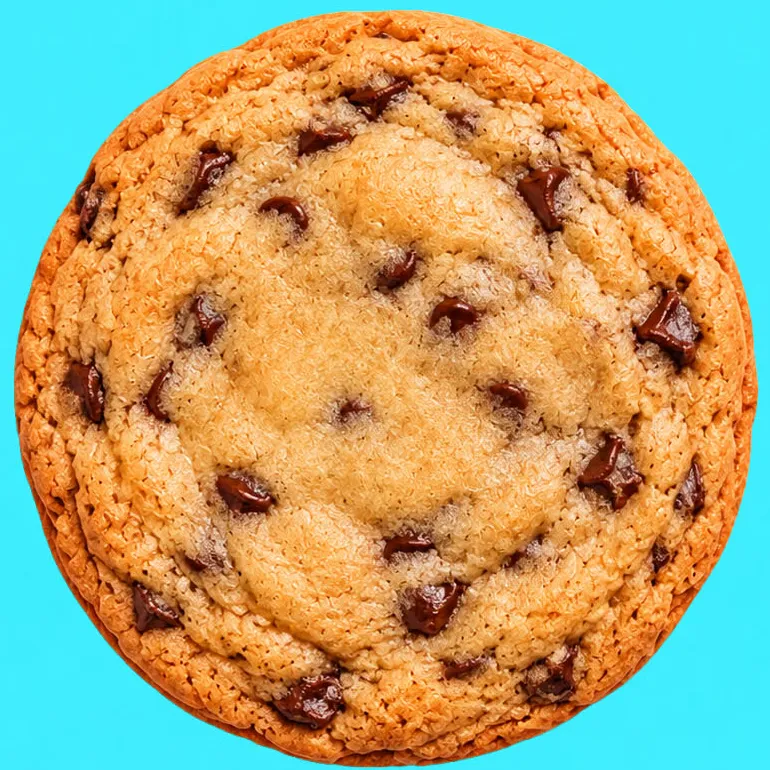 Chocolate chip cookie with golden edges and melted chocolate chips