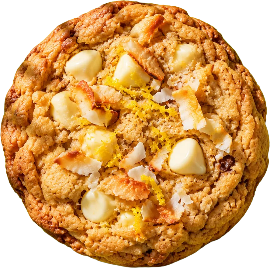 Lemon zest cookie topped with white chocolate chips, toasted coconut and fresh lemon zest