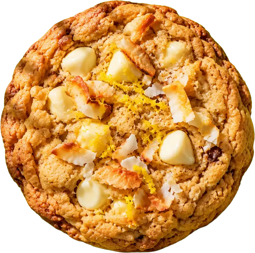 Lemon zest cookie topped with white chocolate chips, toasted coconut and fresh lemon zest