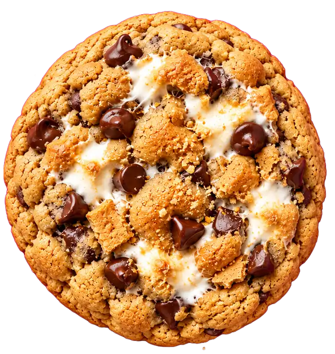 Gluten friendly s'mores cookie with melted marshmallow, chocolate chips and graham cracker pieces
