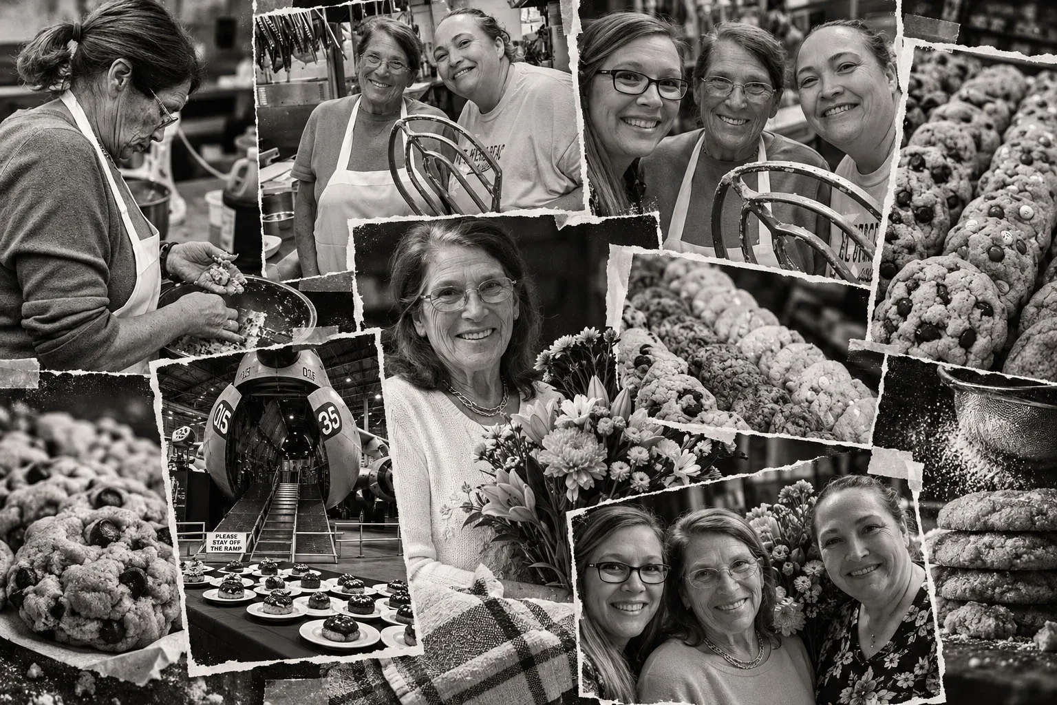 Black-and-white photo collage of Emily Raffel baking with her daughters and trays of her cookies